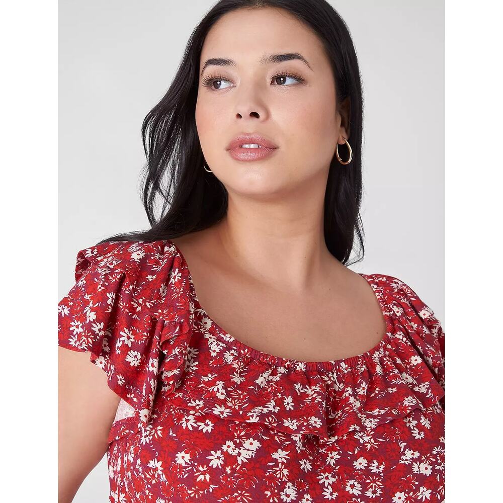 NWT Lane Bryant Red Floral Convertible Dress 22/24 Ruffle Off Shoulder Pocket - Picture 2 of 10
